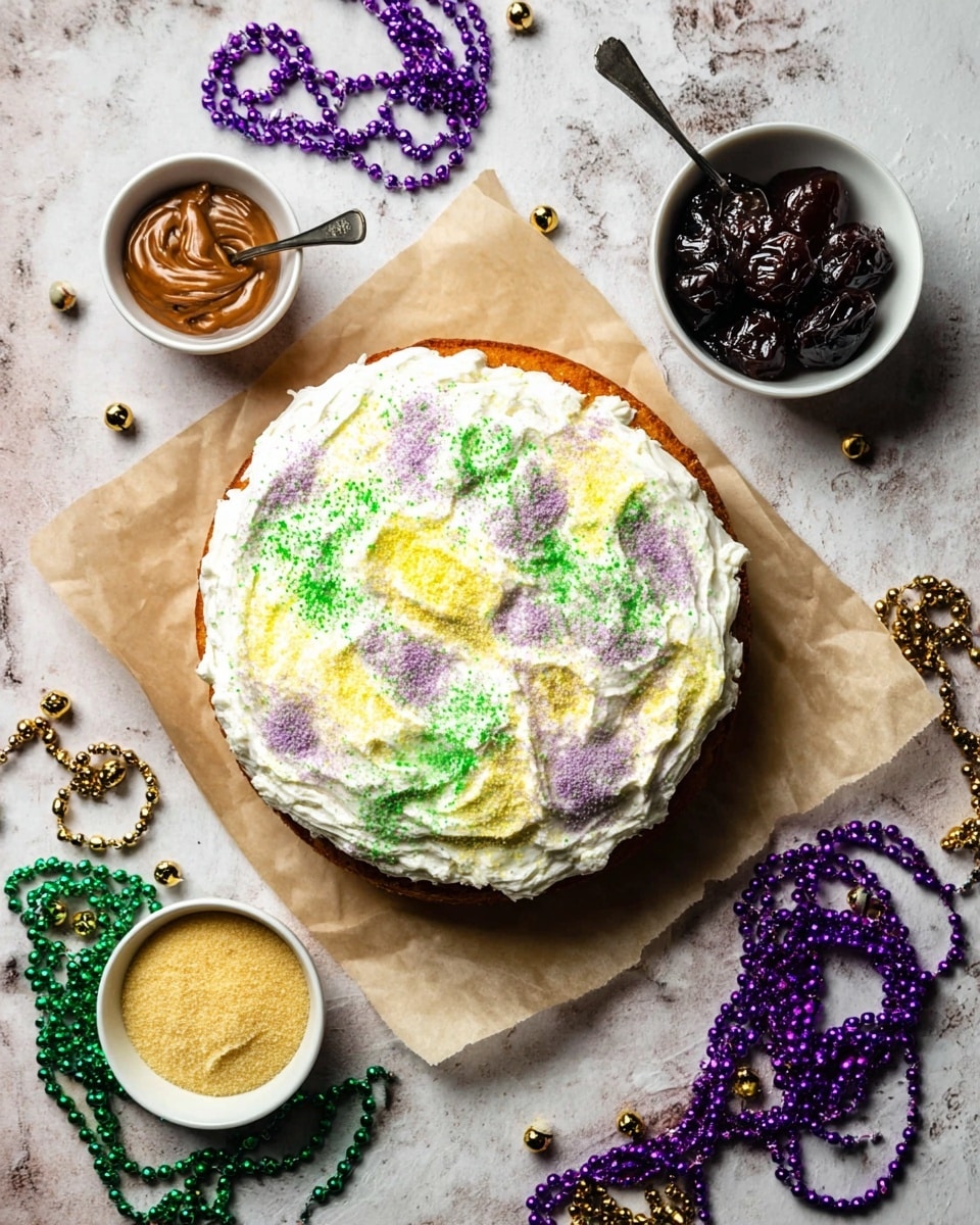 A round cake with one visible layer is placed on a parchment paper over a white marbled textured surface. The cake is covered with thick white cream that stretches from the edges to the center hole, with patches of green, yellow, and faint purple sugar sprinkles scattered unevenly on the cream. Around the cake, there are colorful Mardi Gras beads in purple, green, gold, and white, laid casually. To the left bottom of the cake, a silver spoon holds brown paste next to a small square white bowl filled with the same brown paste. On the right bottom side of the cake, a small round white bowl contains light green sugar, with another small round white bowl filled with yellow sugar nearby. On the top left corner, a small white bowl holds dark dried fruits, providing a stark contrast to the bright colors of the other elements. photo taken with an iphone --ar 4:5 --v 7