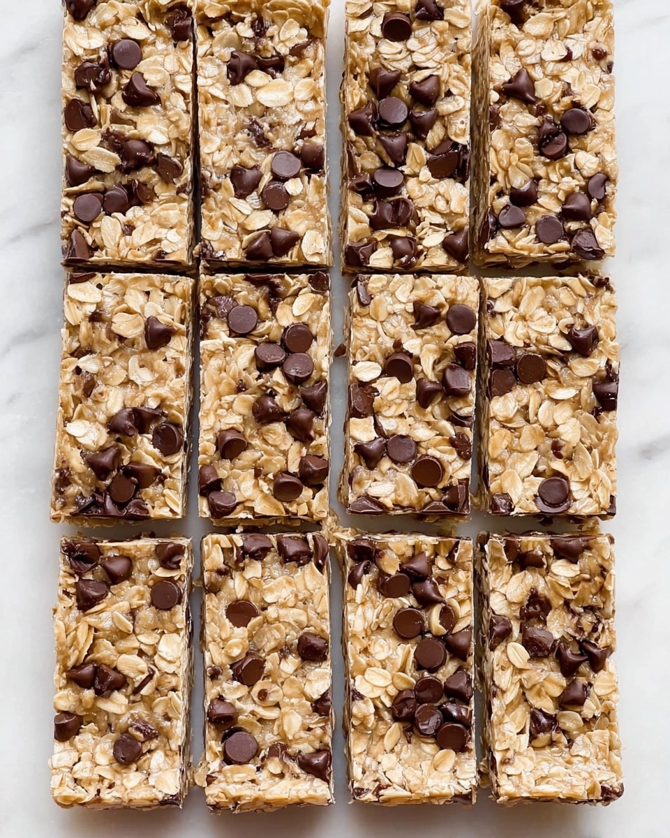 The image shows a grid of sixteen oatmeal and chocolate chip bars arranged neatly in four rows and four columns on a white marbled surface. Each bar has a light brown base with visible large oats scattered throughout, studded generously with dark brown chocolate chips that add contrast to the overall pale oat color. The texture looks chewy and dense with chocolate chips slightly melting into the oats, creating a mix of smooth and rough surfaces. The bars are cut evenly into rectangular shapes, highlighting their thick, layered consistency that combines the soft oat flakes with bits of rich chocolate. photo taken with an iphone --ar 4:5 --v 7