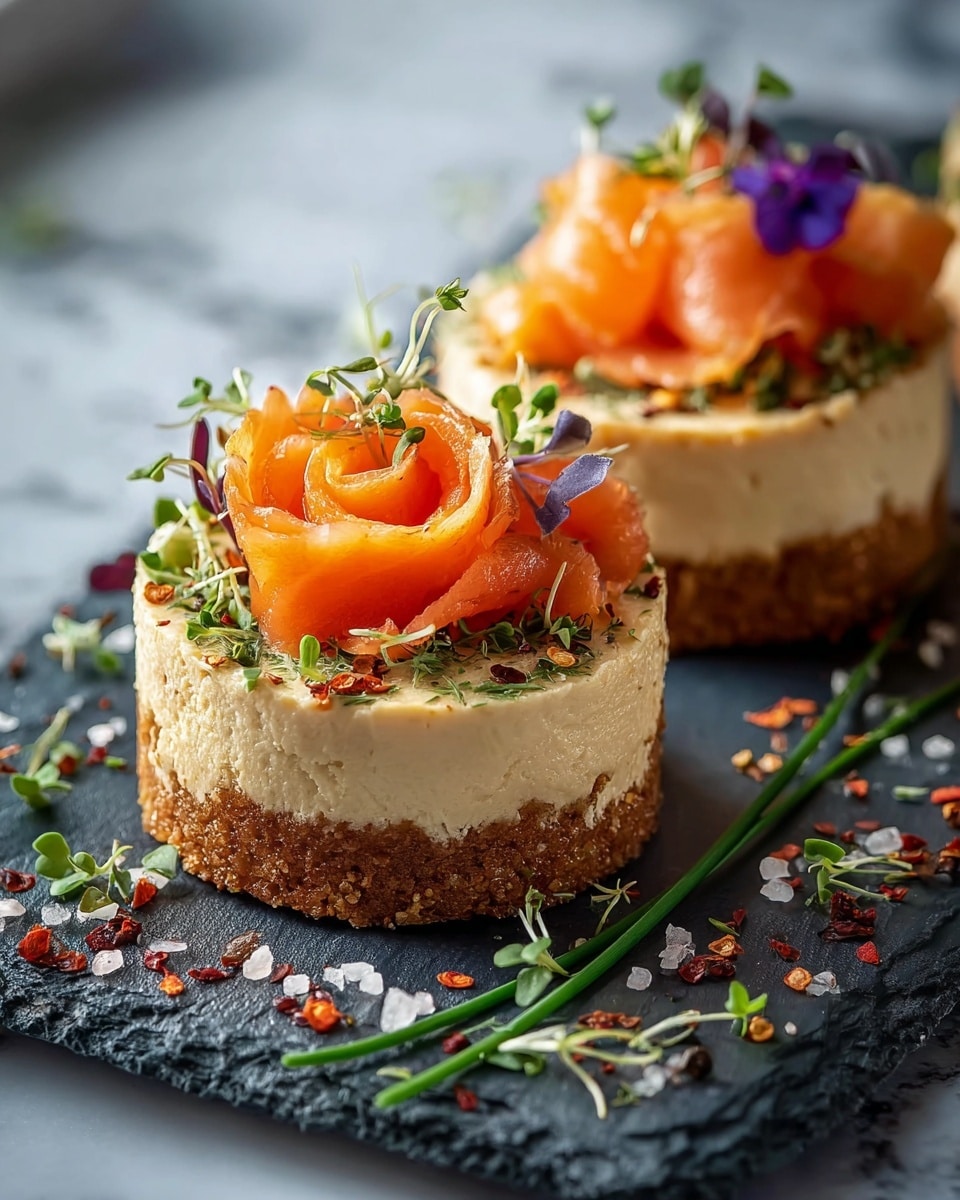 The image shows two small round savory cakes, each with a base layer of brown, crumbly crust, topped by a thick, creamy beige layer of mousse or cheese. On top, there are delicate slices of bright orange smoked salmon folded in a loose rose shape, garnished with small green herb sprigs, microgreens, and a purple edible flower. A single long green chive rests diagonally across one cake. The cakes sit on a dark slate board sprinkled with coarse salt crystals and red chili flakes, with scattered microgreens around. The background is a soft white marbled texture. photo taken with an iphone --ar 4:5 --v 7