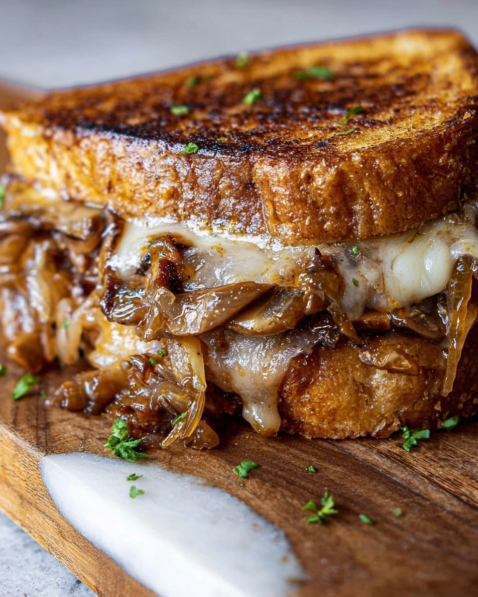 A close-up view of a grilled sandwich resting on a wooden board with a white marbled surface underneath, showing two golden brown, crispy toast slices forming the top and bottom layers. Between the toast layers, there is a filling of caramelized onions and mushrooms in rich brown tones, glistening with oil and spices. Melted cheese stretches slightly out from the sandwich, showing its gooey texture and creamy white color, blending into the filling. Small bits of chopped green herbs are sprinkled on top and around the sandwich, adding a fresh touch. The photo taken with an iphone --ar 4:5 --v 7