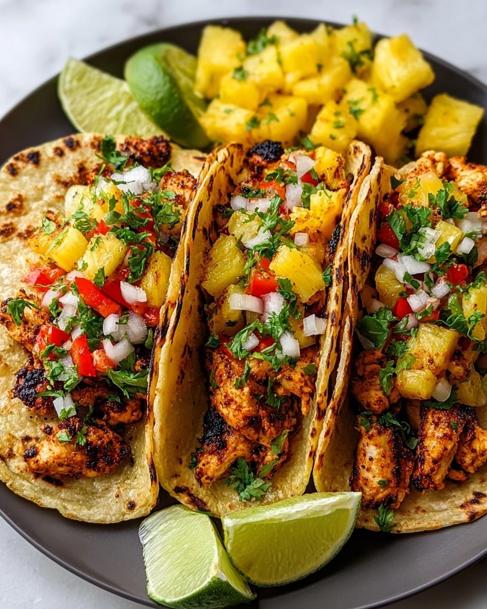 Three grilled soft corn tortillas stand side by side on a white plate, each filled with a base layer of charred, seasoned chicken pieces in golden brown and darker grill marks. On top of the chicken sits a mix of finely chopped red bell peppers and white onions, sprinkled with fresh green cilantro leaves. Bright yellow pineapple chunks add a juicy contrast, while two lime wedges are placed at the edge of the plate, and extra pineapple pieces rest in the background. The white marbled surface beneath subtly contrasts with the vibrant colors of the tacos. photo taken with an iphone --ar 4:5 --v 7
