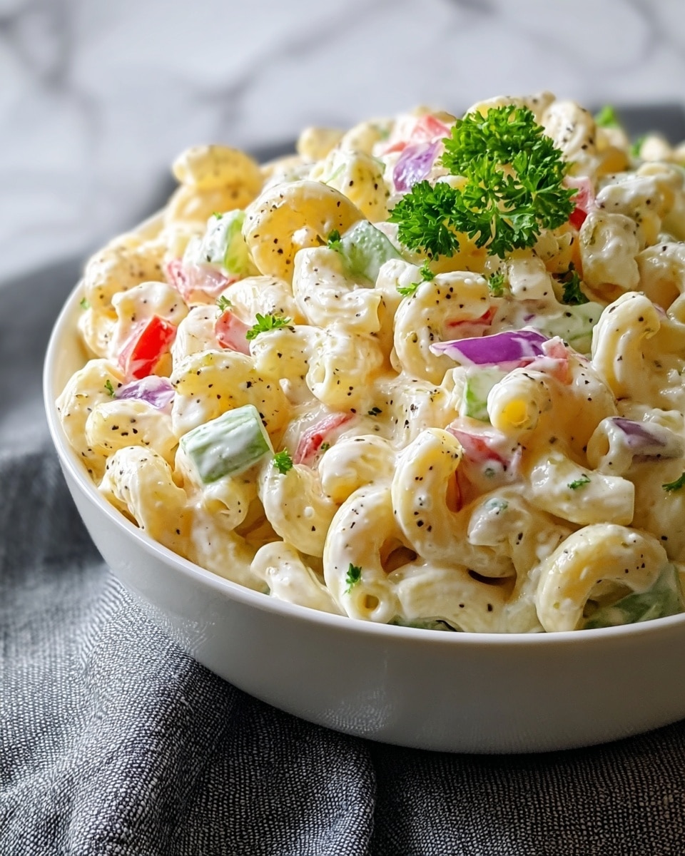A close-up view of a bowl filled with creamy macaroni salad, featuring three main layers: the base layer of pale yellow elbow macaroni coated in white creamy dressing speckled with black pepper, scattered throughout with small chunks of green celery and red bell pepper pieces, and thin slices of purple onion adding texture. Garnishing the top are a few sprigs of bright green parsley, providing a fresh contrast. The dish is presented in a white bowl set on a textured grey cloth, all placed against a white marbled surface that softly reflects natural light. photo taken with an iphone --ar 4:5 --v 7
