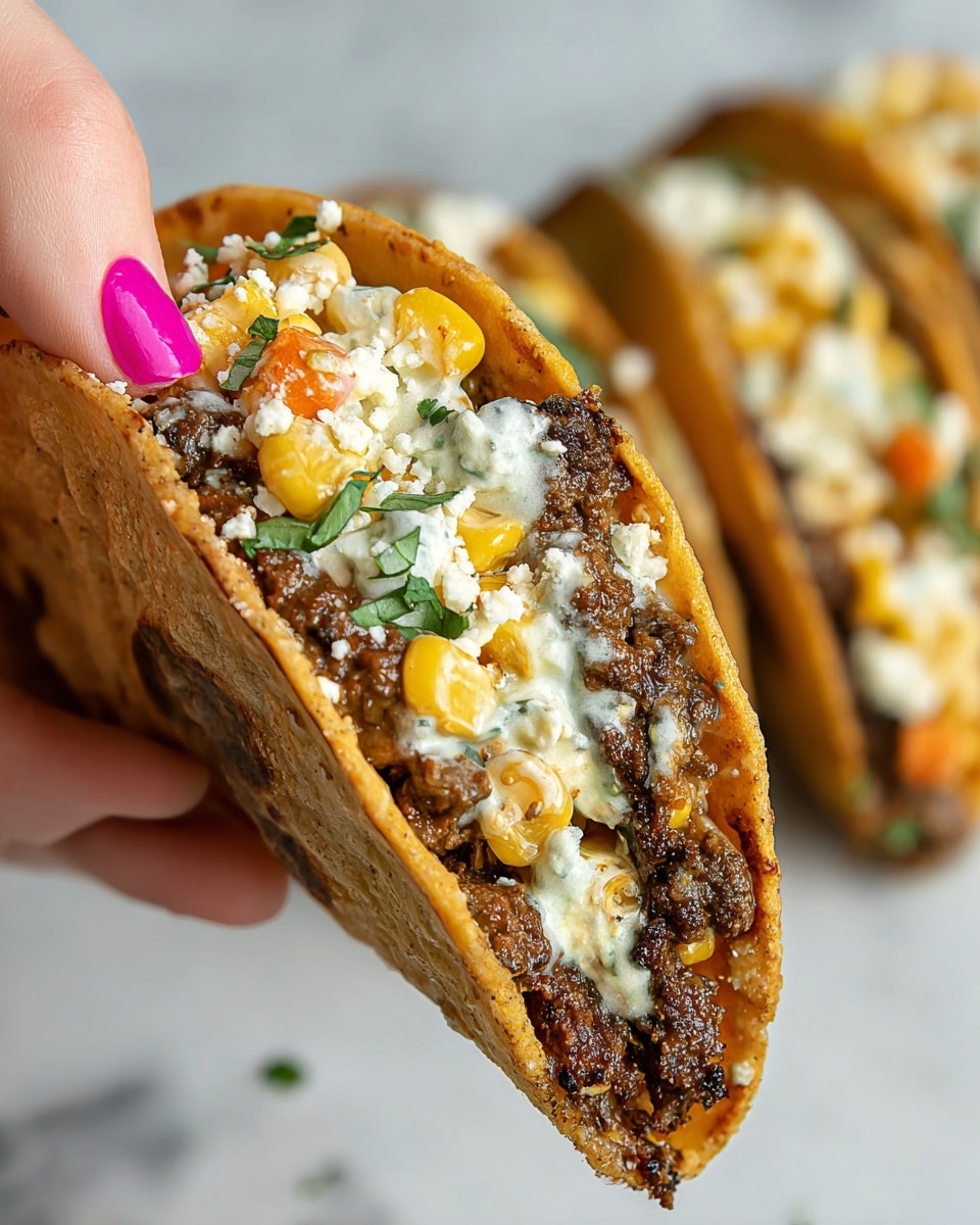 A close-up of a small folded taco held by a woman's hand with bright pink nail polish, showing three main layers: the outer crispy light brown tortilla shell, inside it a thick, dark brown grilled meat patty with textured edges, and on top a creamy white sauce mixed with yellow corn kernels, orange chunks, small green herbs, and a sprinkle of white cheese. In the blurred background, two more similar tacos rest on a white marbled surface. photo taken with an iphone --ar 4:5 --v 7