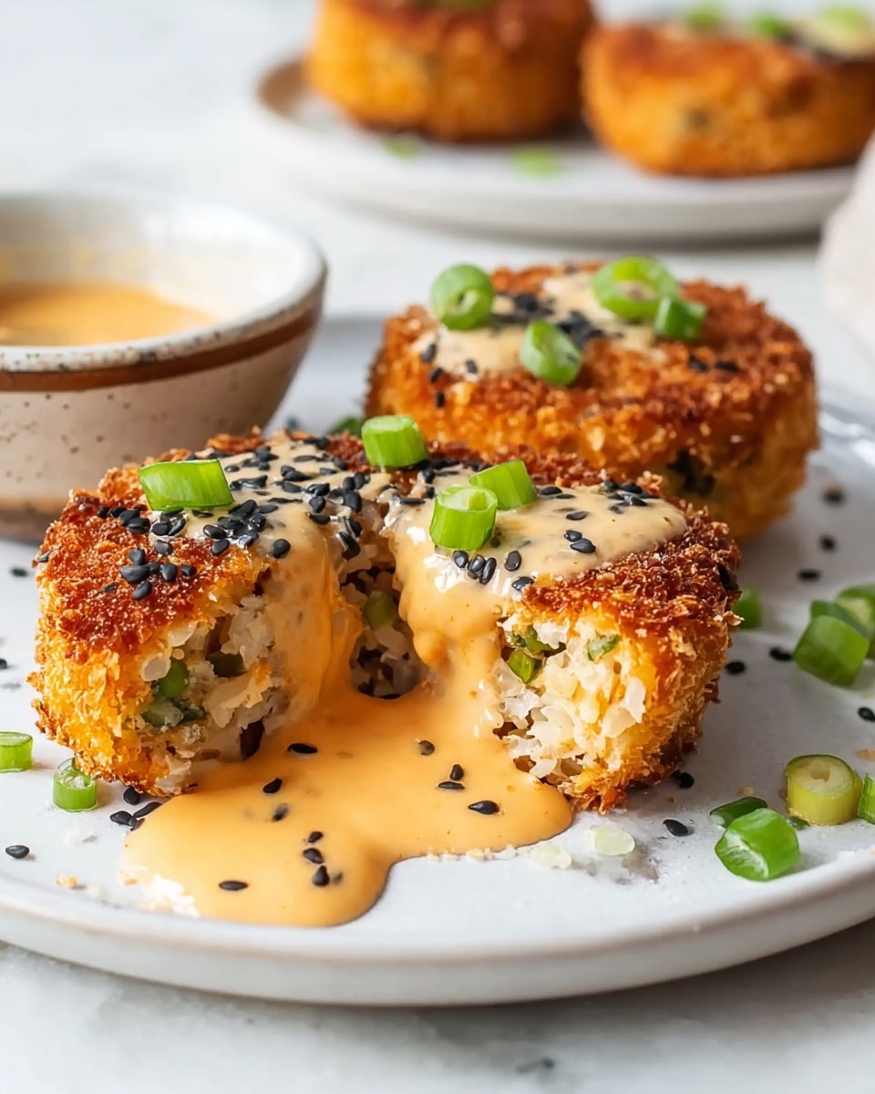 Three golden-brown crispy cakes sit on a white plate with a white marbled texture underneath. The closest cake is cut open in the middle, showing a creamy light orange sauce slowly oozing out. The cakes are topped with more of the creamy sauce, small black sesame seeds, and chopped green onions scattered around and on top. The cakes have a crunchy, textured surface with bits of white and green inside, indicating mixed ingredients. In the blurry background, more cakes and a bowl of sauce are visible. Photo taken with an iphone --ar 4:5 --v 7