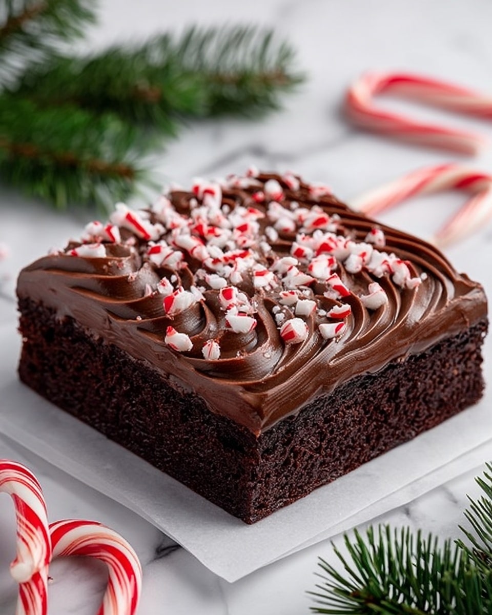 The image shows a square chocolate cake with two clear layers: the bottom layer is dark brown and looks soft and moist, while the top layer is a thick, smooth, shiny chocolate frosting decorated with swirled lines. On top of the frosting there are small crushed pieces of red and white peppermint candy scattered evenly. The cake sits on a white paper on a white marbled surface. Around the cake, several candy canes and green pine branches are placed as decoration, giving a festive feel. photo taken with an iphone --ar 4:5 --v 7