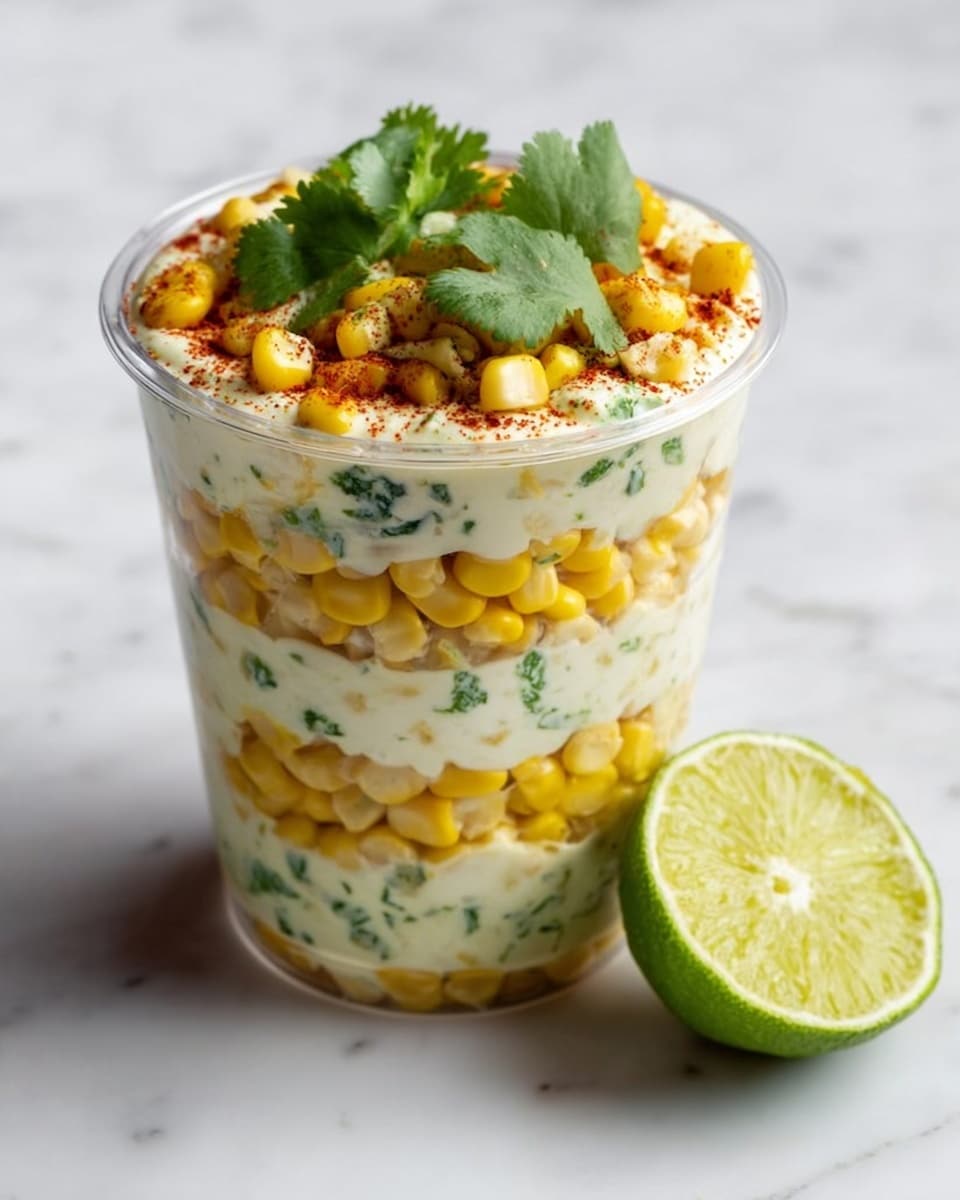 The image shows a clear cup with multiple layers of food. The bottom layer is light green with herb pieces, topped by a creamy white layer with visible green bits, followed by a bright yellow corn layer with whole kernels. These layers repeat one more time, making six layers in total. The top is garnished with fresh green cilantro leaves and some red spices. Next to the cup is a halved lime with a light green inside. The cup sits on a white marbled surface. photo taken with an iphone --ar 4:5 --v 7