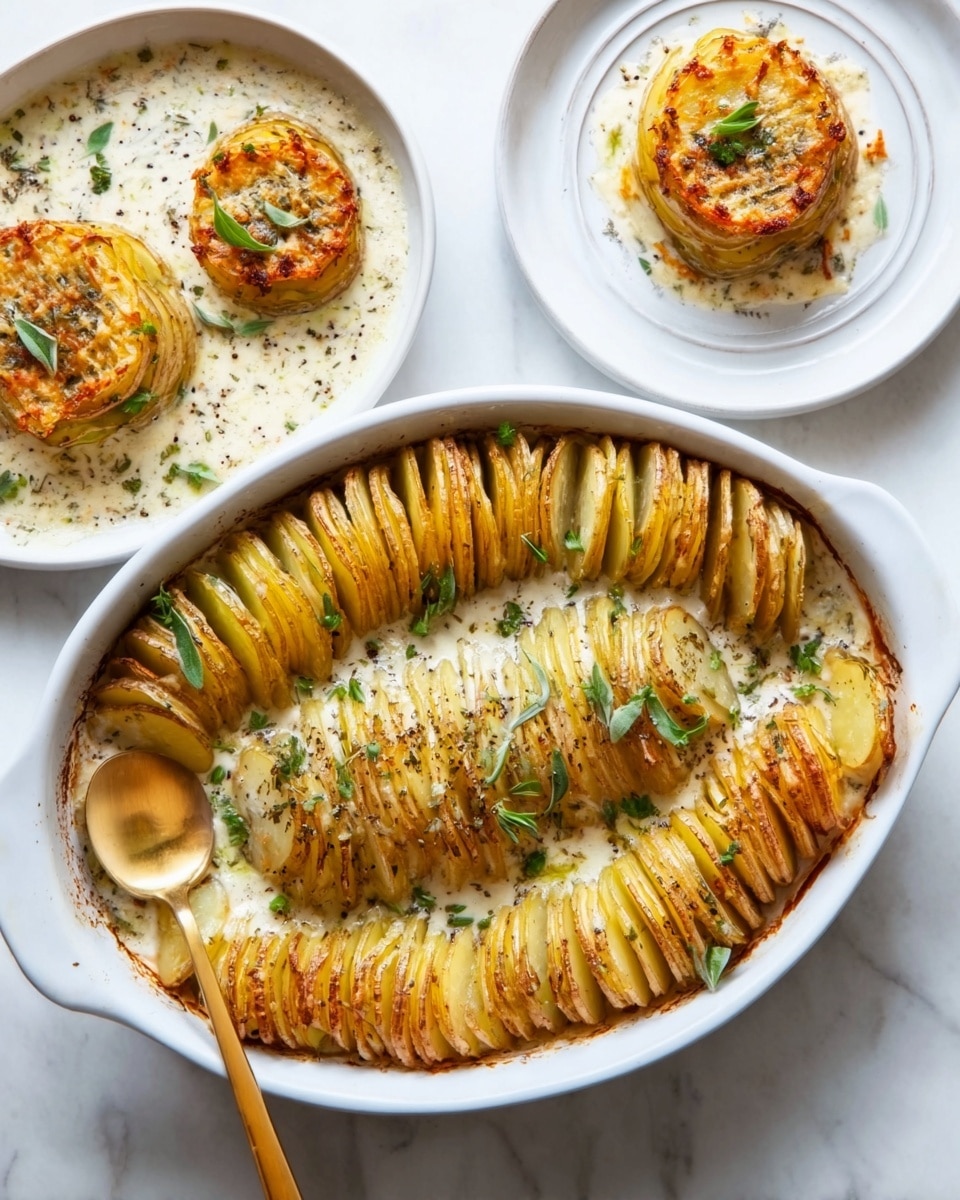 A white oval dish filled with two rows of thinly sliced, golden-brown potatoes standing vertically and slightly fanned out, garnished with small green leaves scattered on top and sprinkled with black pepper; in the center, there is a creamy white sauce with herbs visible. To the right, two round, white plates each hold a small, baked potato stack topped with a golden crust and green leaf garnish. All dishes sit on a white marbled surface, and a golden spoon rests inside the oval dish. Photo taken with an iphone --ar 4:5 --v 7