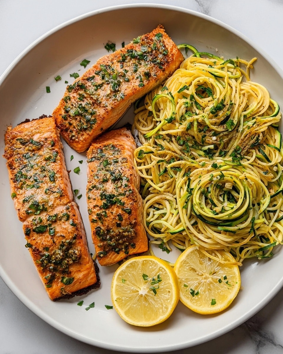 The image shows a white plate with three grilled salmon fillets placed on the left side, each fillet having a golden-brown crispy skin with green herbs sprinkled on top. On the right side, there is a nest of yellow noodles mixed with green zucchini spirals, garnished with small green herbs. Above the noodles, two slices of lemon with a sprinkle of herbs are arranged. The plate is set on a white marbled surface. photo taken with an iphone --ar 4:5 --v 7