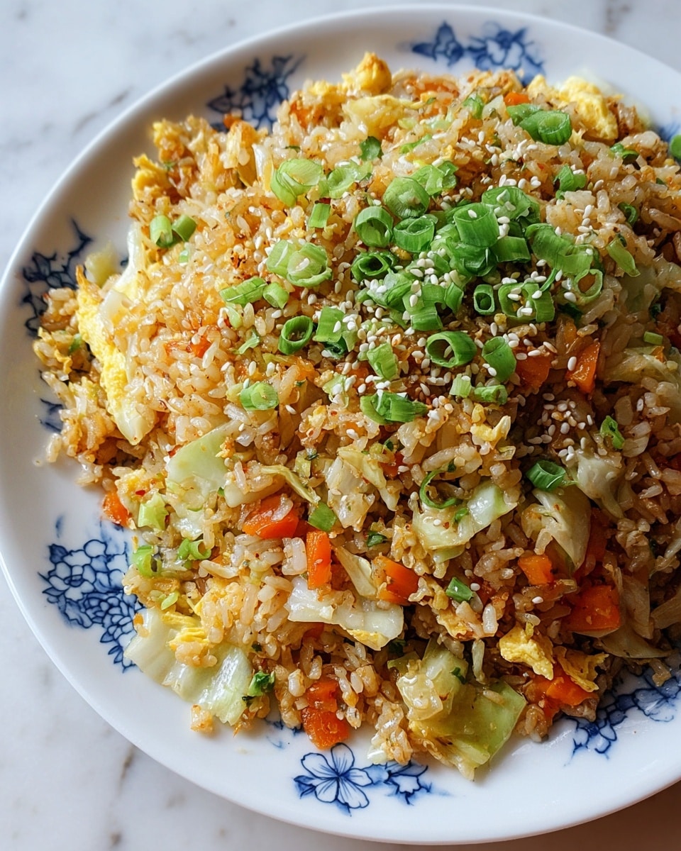 A close-up image of a plate filled with fried rice, showing a mix of several layers: light brown cooked rice grains scattered throughout, small pieces of scrambled yellow egg, chunks of pale green cabbage, and diced orange carrots mixed evenly. On top, finely chopped bright green onions and white sesame seeds are sprinkled, adding texture and color contrast. The food sits on a white plate with blue floral patterns around the edge, placed on a white marbled surface. photo taken with an iphone --ar 4:5 --v 7
