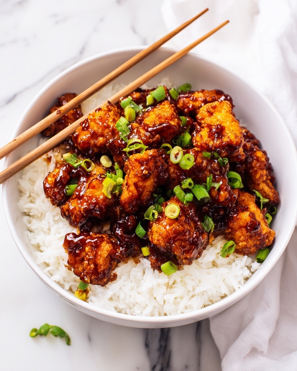 A white bowl filled with a base layer of fluffy white rice, topped with several pieces of golden-brown fried chicken coated in a thick, glossy dark brown sauce. The chicken is garnished with bright green chopped scallions scattered on top. The bowl is placed on a white marbled surface, with a pair of light brown chopsticks resting across the back of the bowl and a white cloth partially visible in the background. Photo taken with an iphone --ar 4:5 --v 7