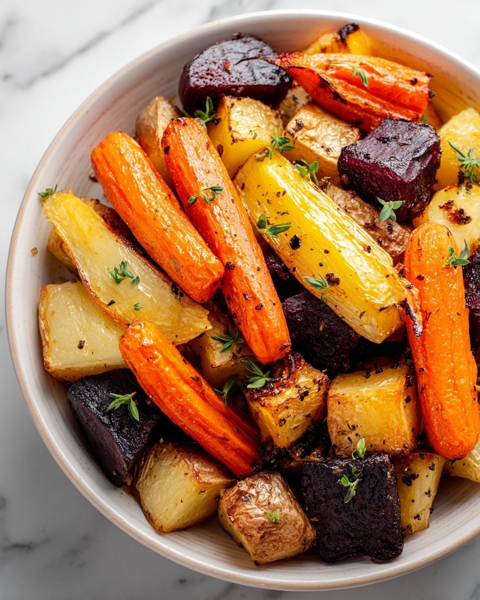 A white bowl filled with roasted vegetables showing several layers and colors: bright orange carrot sticks, yellow chunks of roasted squash, deep purple beet pieces, and light brown potato cubes. The vegetables are unevenly cut, some pieces longer and others cube-shaped, all with a crispy, slightly charred outer texture. Small sprigs of green herbs are scattered on top, adding fresh color contrast. The bowl sits on a white marbled surface. Photo taken with an iphone --ar 4:5 --v 7