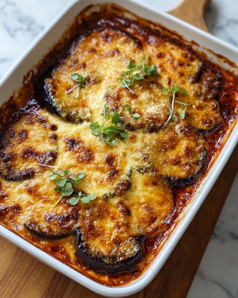This image shows a baked dish in a white rectangular casserole dish with three visible layers. The bottom layer is deep red thick tomato sauce, topped with slices of dark purple eggplant that have absorbed some sauce, making their edges slightly glossy and soft. Above this is a thick, golden-brown layer of melted cheese with a bubbly and crispy texture, slightly browned on top, decorated with a light sprinkling of grated cheese and fresh small green herb sprigs. The casserole sits on a wooden board over a white marbled surface. photo taken with an iphone --ar 4:5 --v 7
