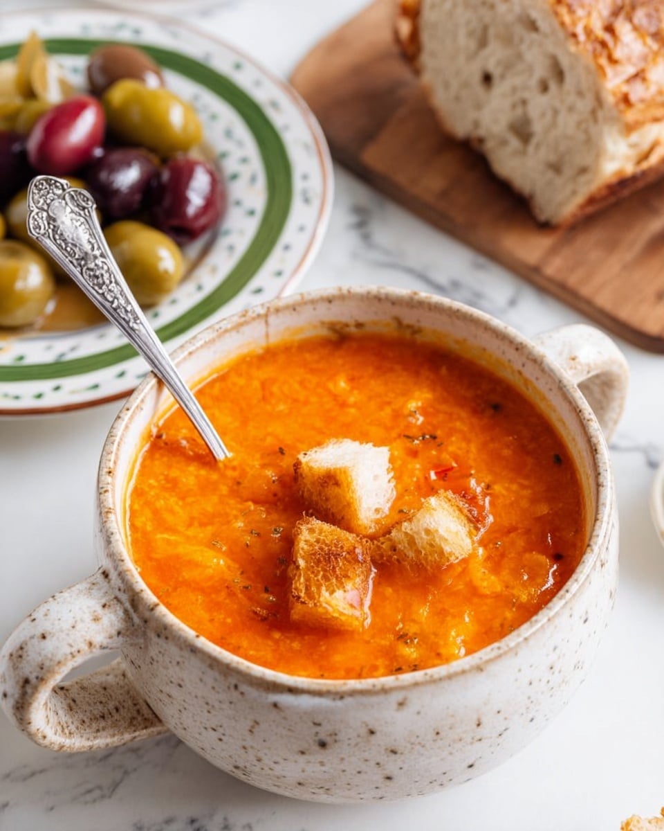 A rustic white bowl with speckled brown spots holds a bright orange soup with a smooth, slightly chunky texture, filled with visible strands of cooked eggs, topped with three golden-brown crispy croutons placed near the center. A silver spoon with a detailed handle rests inside the bowl on the left side. Behind, a white plate with a green rim is piled with a colorful mix of green, black, and red olives with a glossy surface, some with pimentos, and a sprig of green herb. To the right, a partial view of a white plate holds a piece of torn golden-brown crusty bread. The scene is set on a white marbled surface with a soft, natural light. photo taken with an iphone --ar 4:5 --v 7