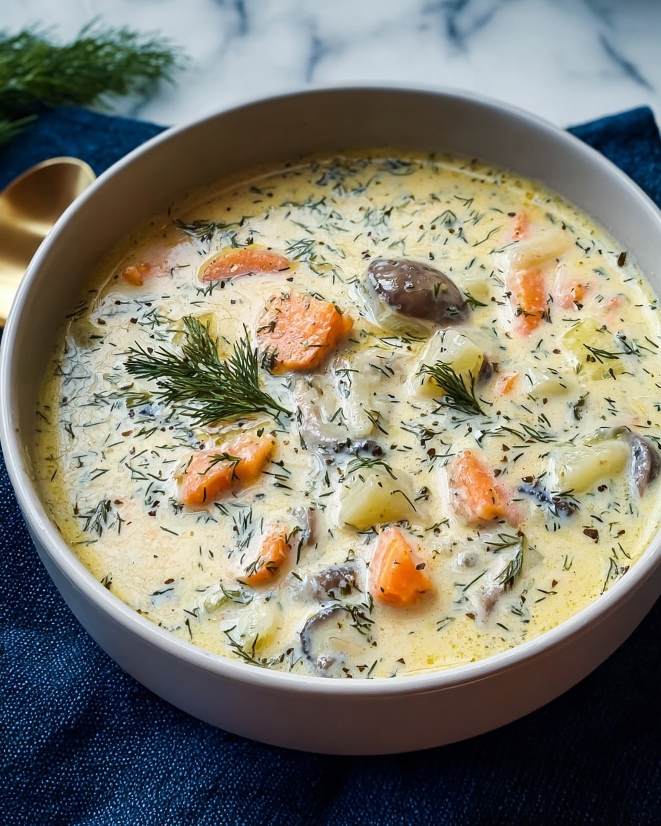 A white bowl filled with creamy soup containing three visible layers of ingredients: vibrant orange chunks of carrots, pale translucent pieces of celery, and small brownish-gray pieces of mushrooms mixed evenly in a thick, off-white broth speckled with green dill herbs. The soup has a rich, smooth texture with herbs floating on top and within. The bowl sits on a dark blue cloth, all on a white marbled surface. Photo taken with an iphone --ar 4:5 --v 7