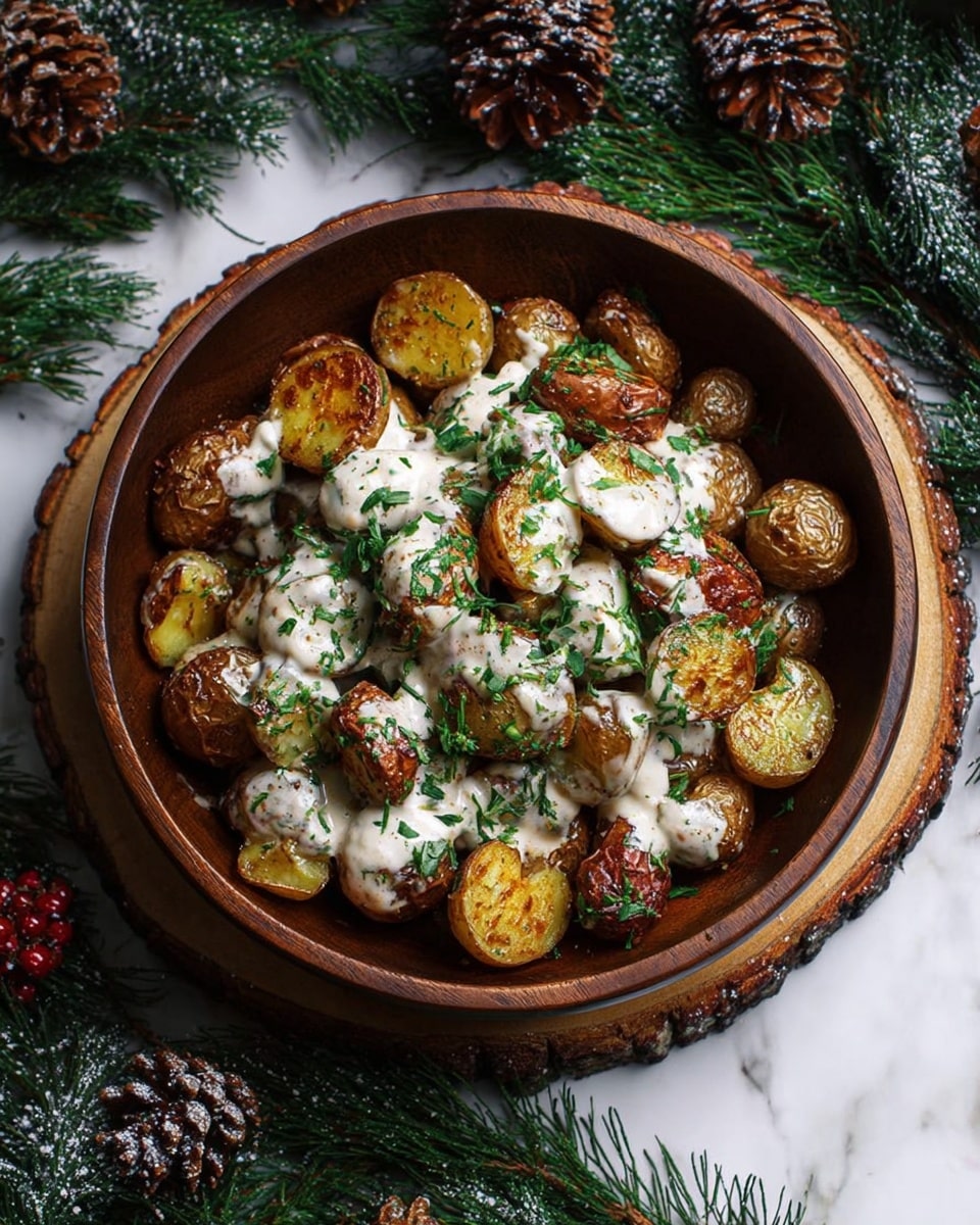A wooden bowl filled with two layers of small roasted potatoes, some cut in half showing golden and brown crispy skins, covered with a creamy white sauce drizzled unevenly over the top, and sprinkled with finely chopped fresh green herbs. The bowl sits on a thick wooden slice, placed on a white marbled surface decorated with green pine branches and brown pinecones dusted lightly with white powder. The overall look is rustic and cozy, emphasizing the warm colors of the potatoes and the fresh green herb topping. photo taken with an iphone --ar 4:5 --v 7