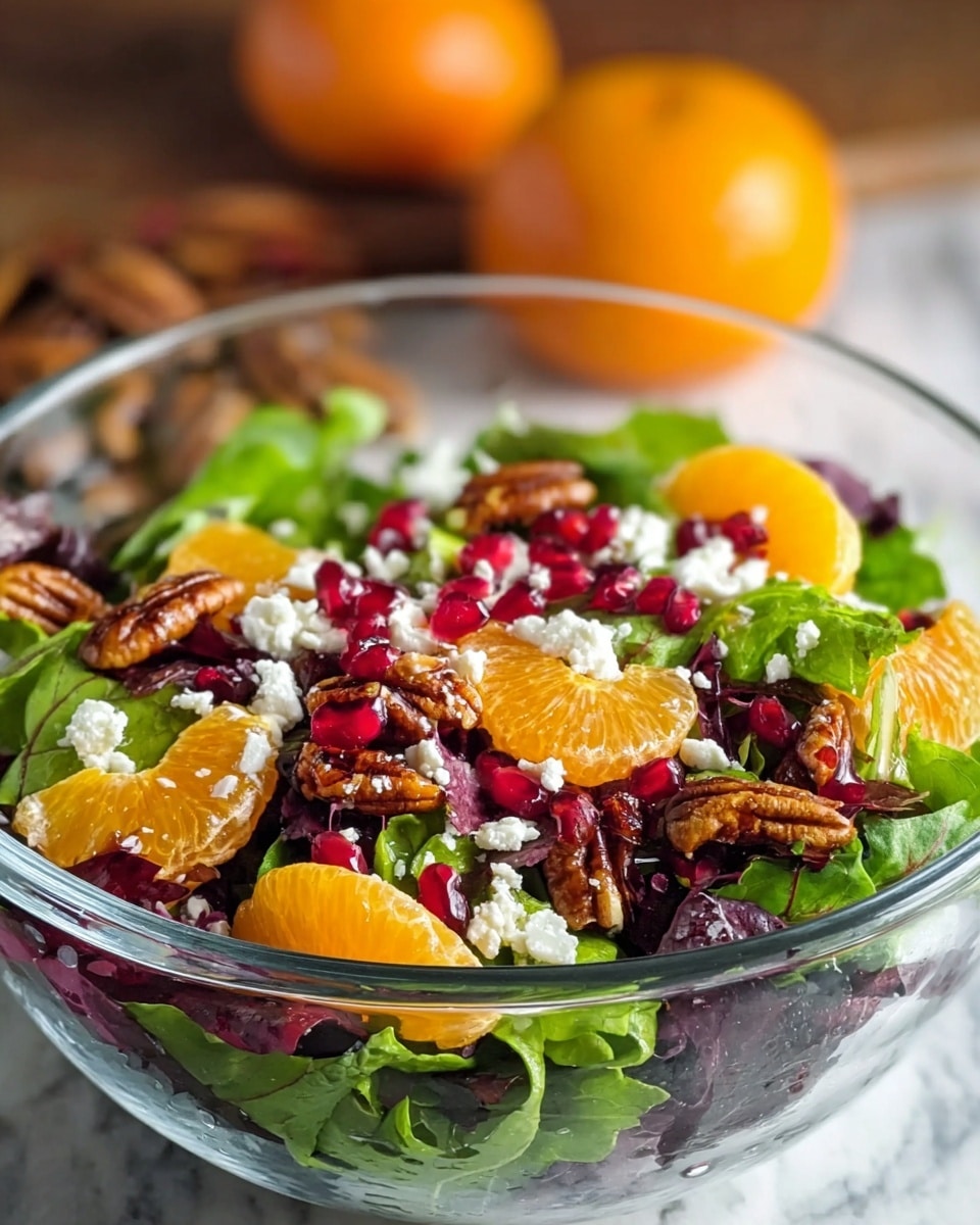 A clear glass bowl sits on a white marbled surface, filled with a fresh salad containing multiple layers. The bottom layer is bright green and dark purple leafy greens with a crisp texture. Scattered on top are bright orange tangerine slices that add a juicy, glossy look. Small red pomegranate seeds are spread across the salad, giving a shiny, jewel-like contrast. Crumbled white cheese is sprinkled unevenly, showing a soft and crumbly texture. Large brown toasted pecan halves are also mixed throughout, appearing crunchy and glossy. In the background, two whole tangerines are blurred, adding a pop of orange color. photo taken with an iphone --ar 4:5 --v 7