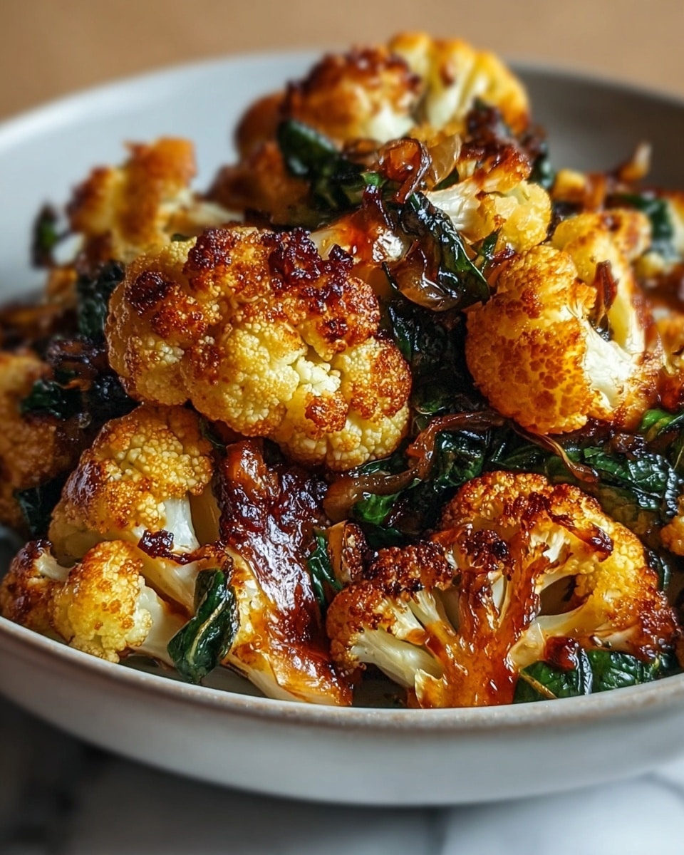 The dish shows several pieces of roasted cauliflower with a golden-brown, slightly charred texture, layered with dark green wilted leafy herbs and small caramelized bits of onion, all mixed together. The florets have a crisp, crunchy look with varying shades of yellow, orange, and brown from roasting. The ingredients rest inside a white bowl with a soft, smooth edge, placed on a counter with a white marbled texture in the background. Photo taken with an iphone --ar 4:5 --v 7