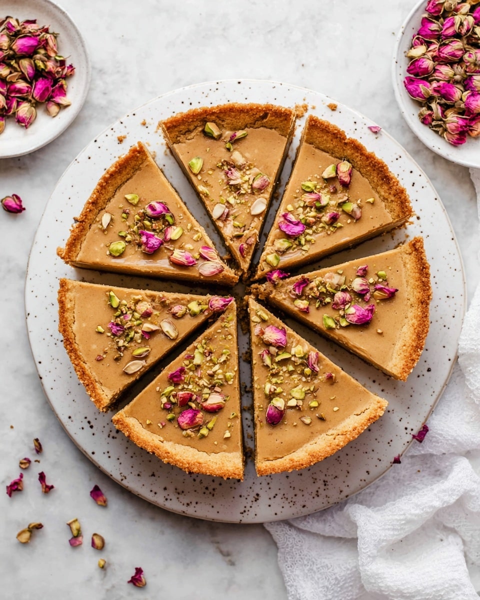 A round tart is cut into eight equal slices, each slice showing a thick golden-brown crust on the bottom and edges, topped with a smooth light brown filling. Scattered on top of the tart are chopped green pistachios and small bright pink flower petals, adding texture and color to the surface. The tart sits on a white plate with subtle speckles, placed on a white marbled textured surface with soft white fabric around it. Nearby is a small white plate with dry pink rosebuds, partly in view. Photo taken with an iphone --ar 4:5 --v 7