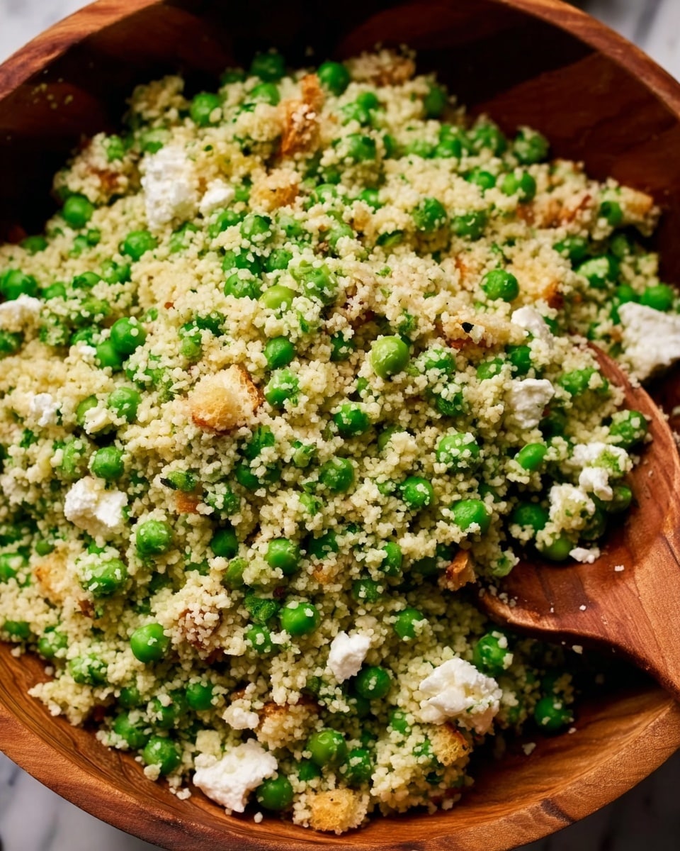 A close-up view of a wooden bowl filled with a fresh couscous salad. The salad has a base layer of light beige couscous mixed evenly with bright green peas. Scattered throughout the salad are small chunks of creamy white cheese and bits of light golden toasted bread. The texture looks fluffy and moist, with the colors green, beige, and white contrasting nicely. A wooden spoon is partially visible on the lower edge of the bowl, ready to scoop the salad. The background is a white marbled texture. Photo taken with an iphone --ar 4:5 --v 7
