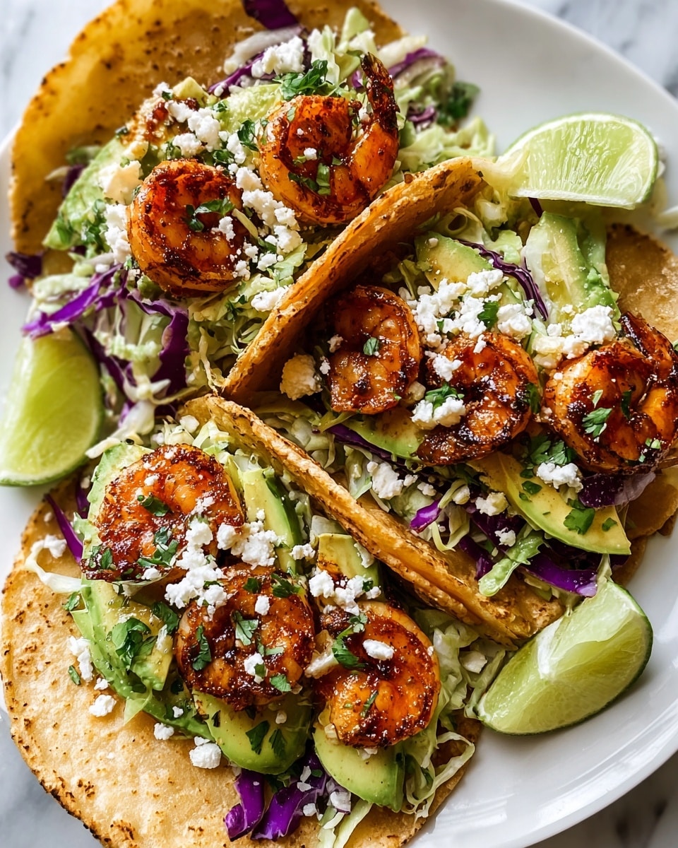 Three tacos are arranged closely on a white plate, set on a white marbled surface. Each taco has a soft, slightly toasted tortilla base holding several layers: at the bottom, a mix of shredded green and purple cabbage with thin slices of green avocado, topped with three to four pieces of grilled shrimp, golden with a charred reddish-brown coating. Crumbled white cheese is sprinkled on top with small bits of green cilantro adding a fresh touch. Lime wedges sit near the tacos on the plate’s edge, adding a hint of bright green contrast. The texture of the tortillas looks soft and slightly crispy at the edges, and the shrimp appear juicy with a glossy finish. Photo taken with an iphone --ar 4:5 --v 7