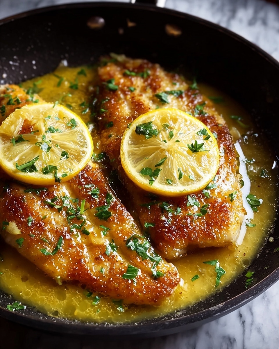 Two golden brown cooked fish fillets lie in a black pan, covered partially with a light yellow buttery sauce that has a slightly oily shine. Each fillet is topped with a thin, round yellow lemon slice, and sprinkled with small pieces of fresh green herbs, scattered unevenly over the fish and sauce. The pan’s rough texture and dark color contrast with the bright food, while the background shows a white marbled texture. photo taken with an iphone --ar 4:5 --v 7