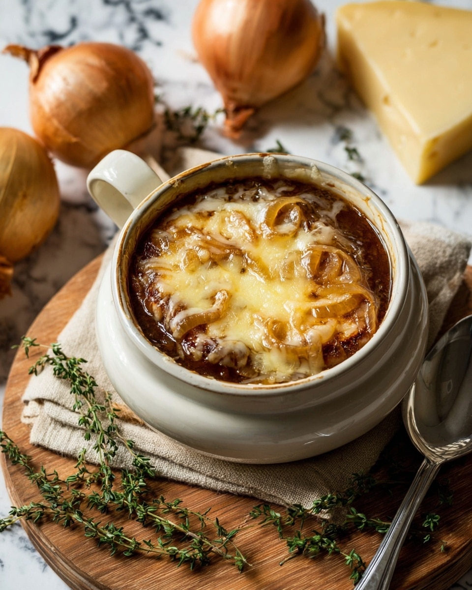 A white ceramic bowl filled with rich dark brown onion soup topped with a thick melted layer of golden-yellow cheese and caramelized onions scattered on top. The bowl is placed on a wooden board surrounded by whole golden-brown onions, fresh green thyme sprigs, and a wedge of pale yellow cheese. A large silver spoon is resting next to the bowl. The background features a white marbled texture. photo taken with an iphone --ar 4:5 --v 7
