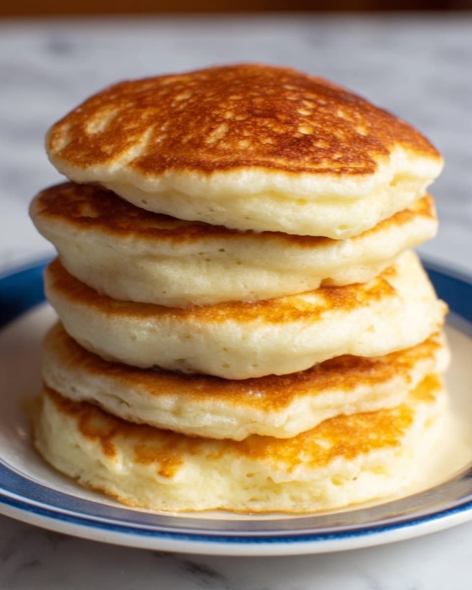 A tall stack of five thick, fluffy pancakes sits on a white plate with a blue rim. Each pancake is golden-brown on top, showing soft texture and slight bubbles along the edges, with white fluffy insides visible on the sides. The pancakes are neatly stacked one on top of another, creating a high tower with slight unevenness in shape. The background is a white marbled surface, adding a clean and simple look to the image. Photo taken with an iphone --ar 4:5 --v 7