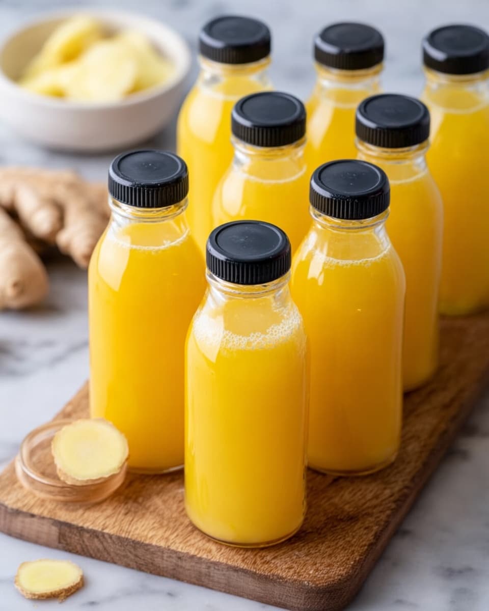 Eight small clear glass bottles filled with bright yellow juice are arranged closely on a wooden board. One bottle at the front is open with no cap, showing the juice inside. The bottles have black screw caps, and the rich yellow juice looks smooth and slightly frothy on top. In the background, a white bowl with sliced white ginger pieces is blurred, and a piece of fresh ginger root is placed near the board. The surface beneath the board is a white marbled texture. photo taken with an iphone --ar 4:5 --v 7