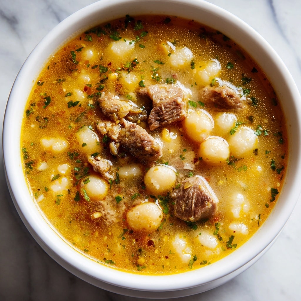 A white bowl filled with a light yellow broth containing large, soft white hominy kernels on the right side and chunks of tender, light brown meat scattered on the left. The surface of the soup has small specks of herbs and spices, giving a slightly textured look. The bowl rests on a fabric with stripes of red, brown, and beige. The photo has a close-up view showing the soup’s warm and comforting texture. Photo taken with an iphone --ar 4:5 --v 7