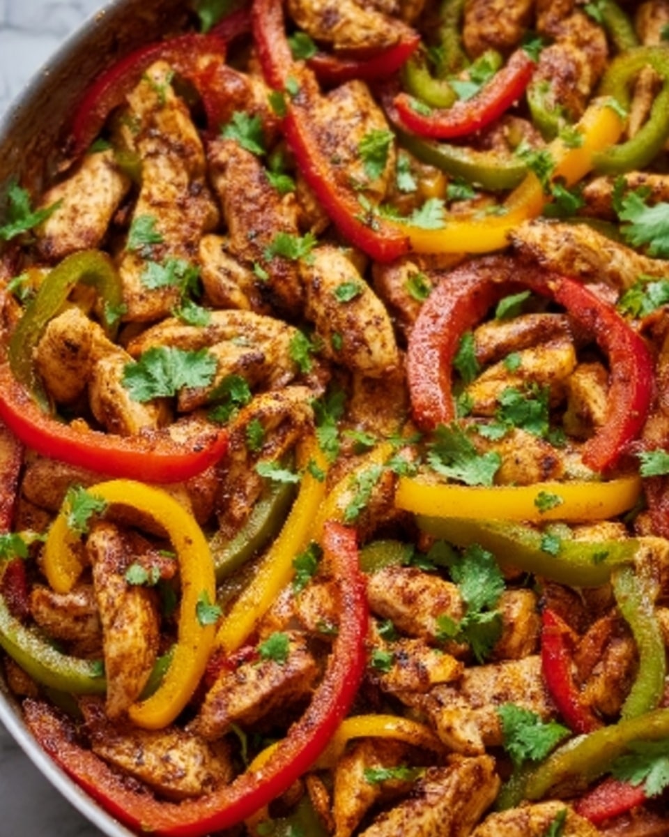 The image shows a close-up of a pan filled with cooked chicken pieces and sliced bell peppers in red, yellow, and green colors. The chicken is brown and grilled, mixed evenly with the bright peppers, and some fresh green cilantro leaves are sprinkled on top. The food looks juicy and slightly oily with a rich, warm color mix. The background is a white marbled texture. Photo taken with an iphone --ar 4:5 --v 7