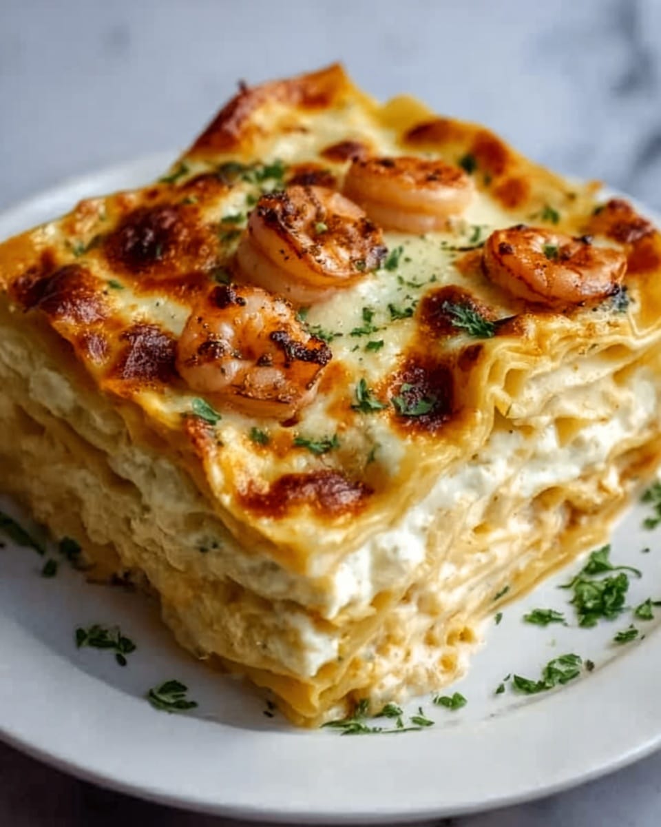 A white plate holds a thick, square slice of baked pasta with several layers of creamy cheese sauce and pasta sheets clearly visible. The top layer is golden brown with melted cheese bubbling and lightly browned in spots, sprinkled with fresh green herbs. Small browned pieces of shrimp sit on the top layer, adding texture and color contrast. The edges of the pasta layers are soft and slightly browned, showing the gooey sauce inside. The plate rests on a white marbled surface. Photo taken with an iphone --ar 4:5 --v 7