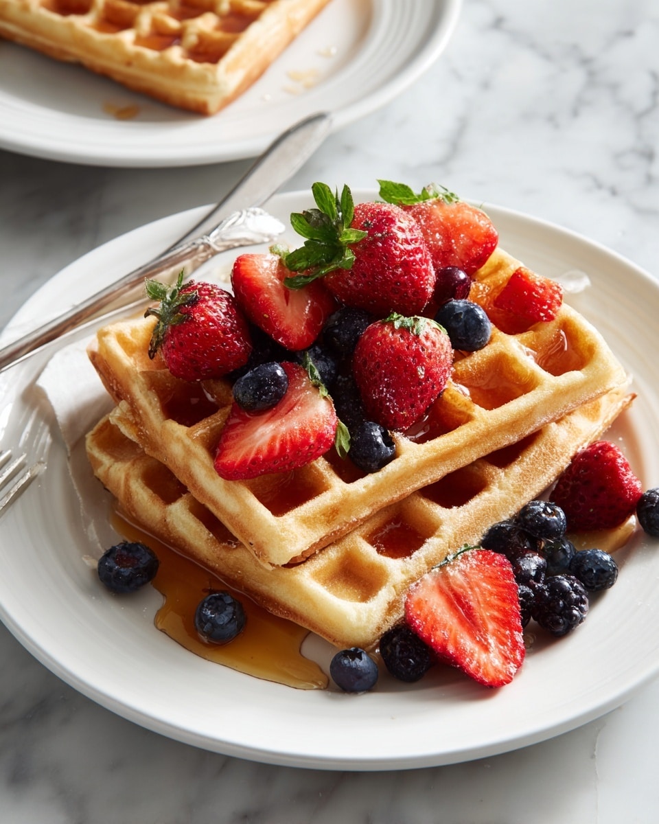 A white plate holds three stacked golden-brown waffles, each with a crisp texture and deep grid pattern. On top, there is a layer of mixed fresh fruits: whole and halved red strawberries with green leaves, and round dark blue blueberries scattered across the waffles. A small pool of syrup shines softly in the waffle pockets. A silver fork rests at the front edge of the plate. The plate sits on a white marbled surface, with part of another white plate and waffle visible in the background. Photo taken with an iphone --ar 4:5 --v 7