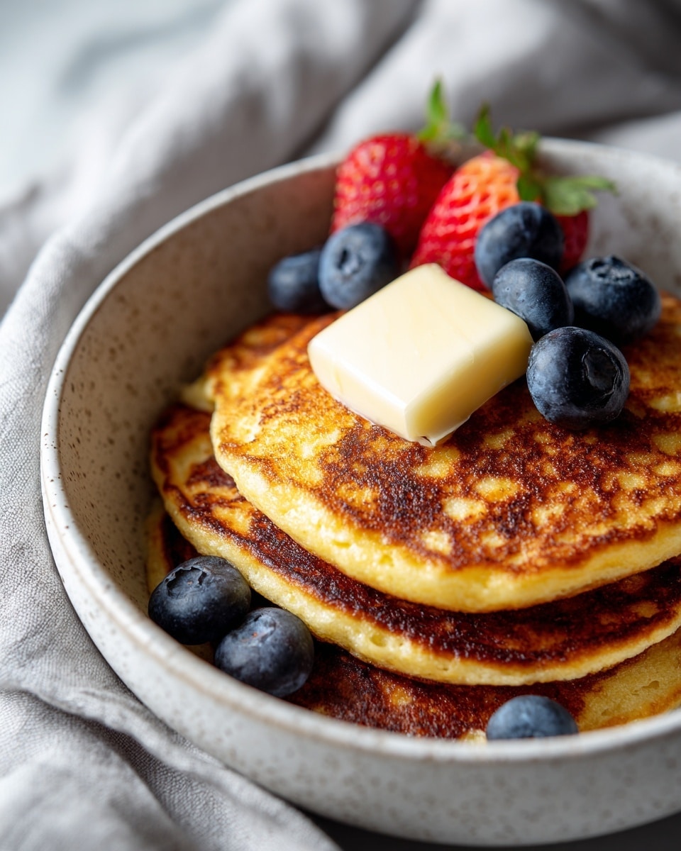 A close-up view of three golden-brown fried cakes with a crispy texture stacked slightly on top of each other in a white speckled bowl. On top of the cakes, there is a square pat of pale yellow butter melting gently. Around the cakes, there are fresh blueberries with a deep blue color and a bright red strawberry with green leaves. The bowl sits on a white marbled surface, enhancing the warm tones of the cakes and the vibrant colors of the fruit. Photo taken with an iphone --ar 4:5 --v 7