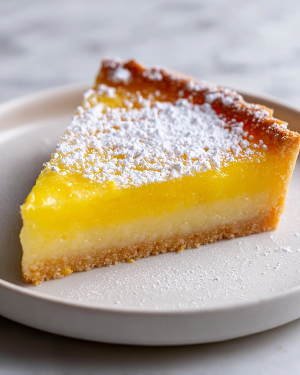 A slice of lemon tart sits on a simple white plate, showing three clear layers: a thin, crumbly light brown crust at the bottom, a thick, smooth, pale yellow lemon filling in the middle, and a light golden-yellow baked top layer with a slightly uneven texture and a few white powdered sugar spots. The white marbled surface beneath the plate adds a clean, bright background. Photo taken with an iphone --ar 4:5 --v 7