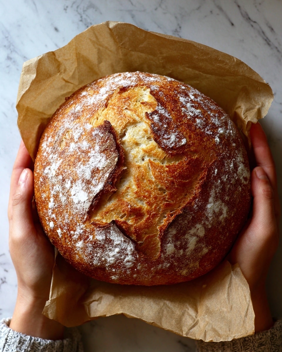 A round loaf of bread with a golden brown crust and slightly burnt spots on top, held gently by a pair of woman's hands, resting on a piece of light brown parchment paper. The bread’s surface shows a rough and crispy texture with some white flour dusted on it. The background is a white marbled texture. photo taken with an iphone --ar 4:5 --v 7