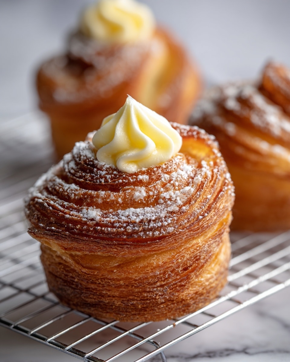 A close-up view of a round pastry with multiple delicate pastry layers spiraled into a rose shape, each layer showing a mix of golden brown and light beige colors with a fine sugar coating giving a light sparkling effect. At the center of the spiral, there's a small dollop of pale yellow cream. The pastry is placed on a metal cooling rack with other similar pastries blurred in the background, all set on a white marbled surface. photo taken with an iphone --ar 4:5 --v 7