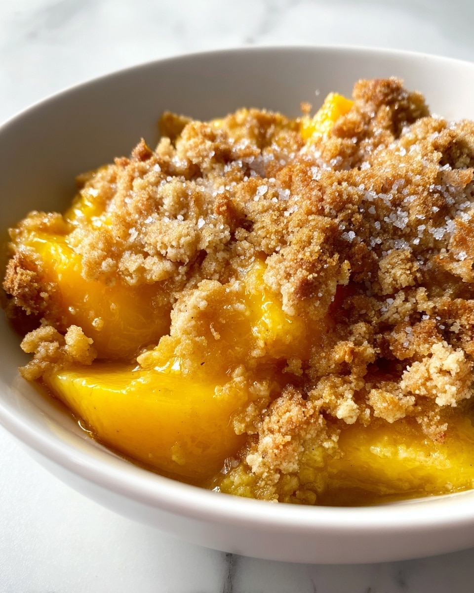 A close-up view of a dessert in a white bowl showing two main layers: the bottom layer is a golden-yellow fruit filling with a glossy, syrupy texture and visible soft chunks that look cooked and juicy, while the top layer is a crumbly, golden-brown crust with a slightly rough texture and some sugar crystals sprinkled over it, giving a crunchy look; the dessert fills the bowl, and the scene is set against a white marbled texture background. photo taken with an iphone --ar 4:5 --v 7