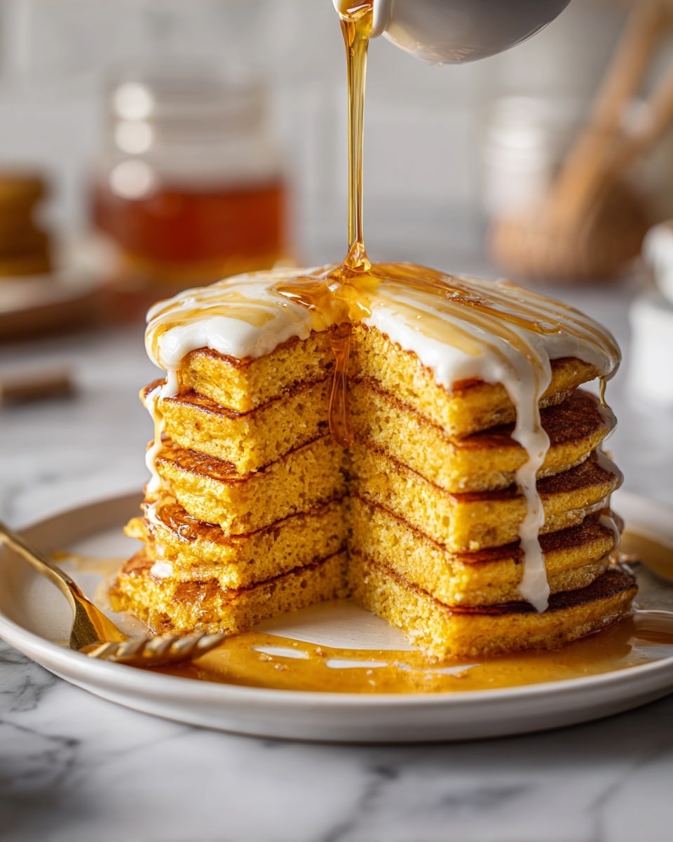 A close-up of a stack of four thick, golden-brown pancakes with a coarse texture, resting on a dark plate. On top of the stack, there is a smaller pancake with a bite taken out of it, revealing a soft, moist inside. This top pancake is covered with a thick layer of white whipped cream, smooth and fluffy. Amber-colored syrup is being poured over the whipped cream, slowly dripping down the sides of the pancakes, adding a glossy shine and wet texture. The background shows a blurred jar of syrup and a bowl with more whipped cream on a white marbled surface. photo taken with an iphone --ar 4:5 --v 7