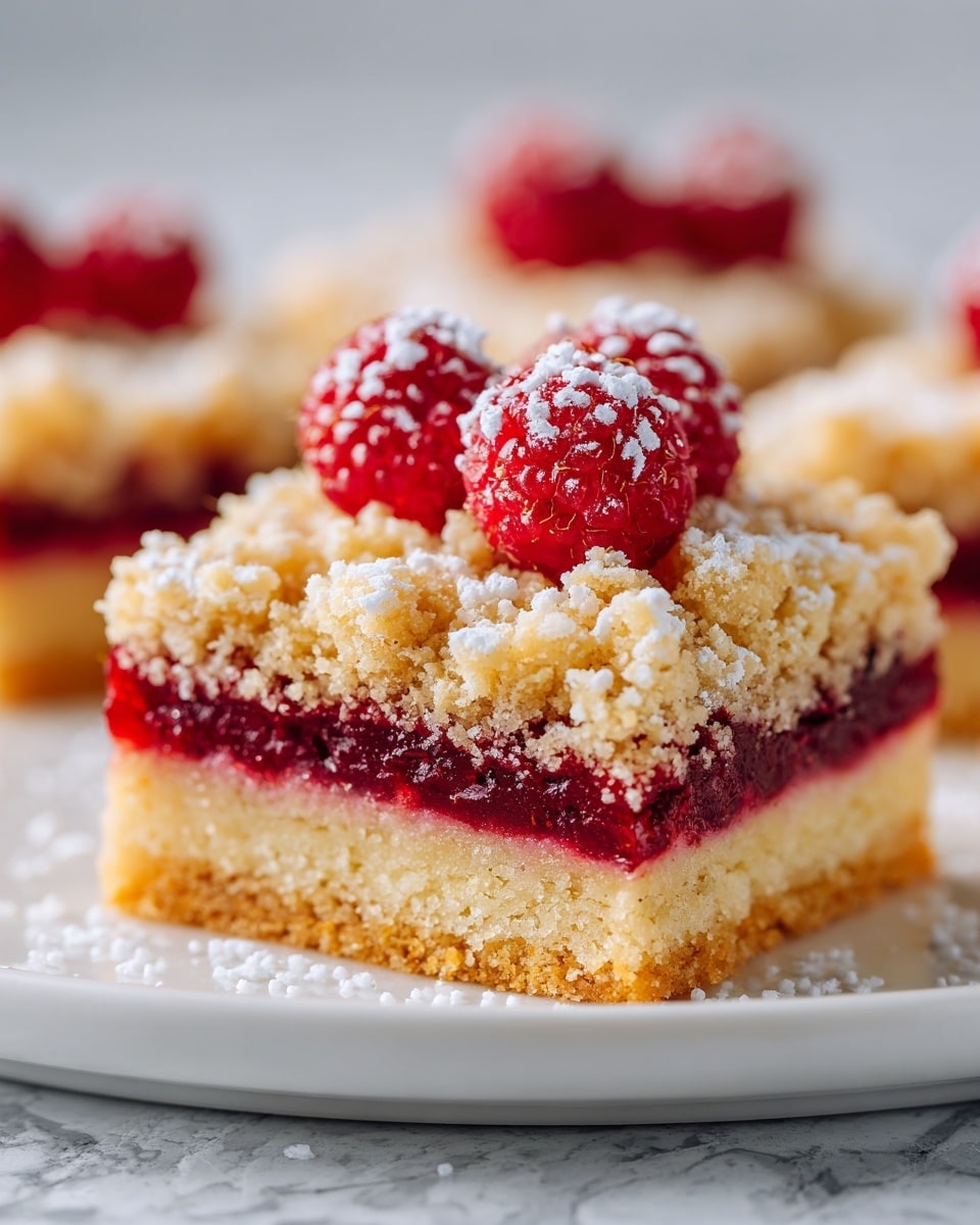 A close-up view of a square dessert bar with three visible layers: a light golden brown crumbly base, a thick middle layer of bright deep red raspberry filling, and a top layer of golden crumbly streusel sprinkled with granulated sugar. On top of the bar, three fresh red raspberries sit partly covered with some sugar crystals. The dessert is placed on a white plate with a white marbled texture background. Photo taken with an iphone --ar 4:5 --v 7
