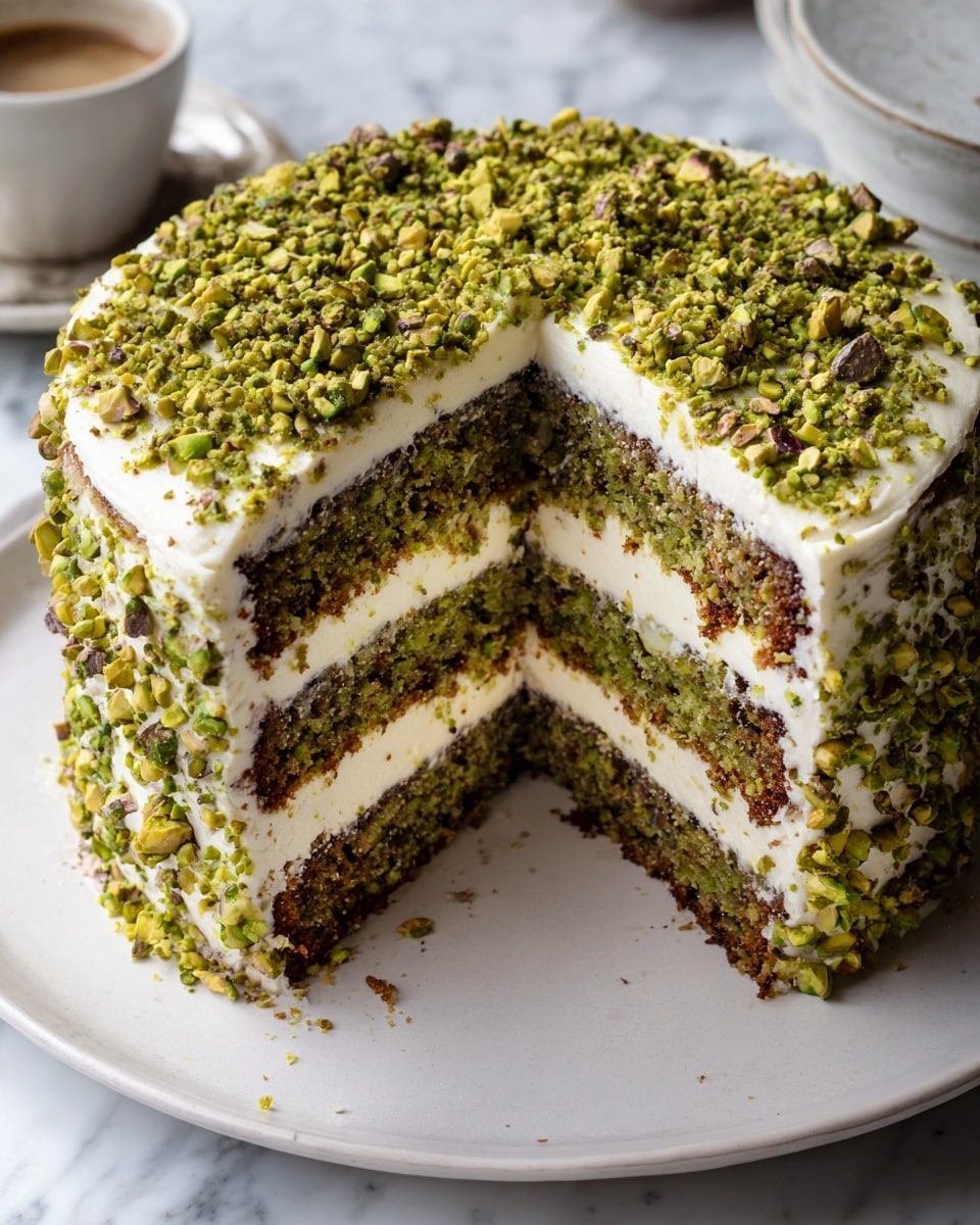 A three-layer round cake stands on a white plate, placed on a white marbled surface. Each cake layer is greenish-brown with a moist, crumbly texture. Between the layers and covering the outside is a smooth, thick white cream. The entire top and sides of the cake are generously covered with small chopped green pistachio nuts, adding texture and color contrast. A large slice is removed, showing the layers clearly. Photo taken with an iphone --ar 4:5 --v 7