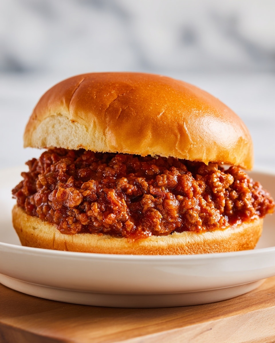 A close-up image of a sloppy joe sandwich shows three main layers: a shiny golden brown top bun, a thick middle layer of chunky, saucy ground beef mixed with small bits of tomato, and a soft bottom bun matching the top in color and texture, all resting on a white wooden surface. The beef filling is moist and richly colored with a red-orange sauce, slightly overflowing the buns, giving a hearty and messy appearance. Photo taken with an iphone --ar 4:5 --v 7