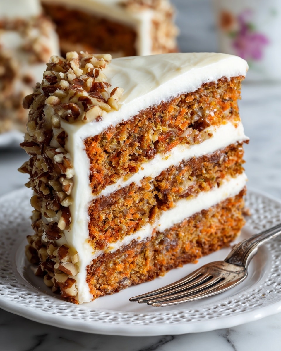 A close-up of a two-layer carrot cake slice on a white plate with a lace pattern. Each layer is light brown with visible small pieces of carrot and nuts inside. Between the layers and covering the top and sides is a smooth, thick white cream cheese frosting. Chopped nuts decorate the side of the cake. A silver fork rests on the plate next to the cake. The background is a white marbled texture. Photo taken with an iphone --ar 4:5 --v 7