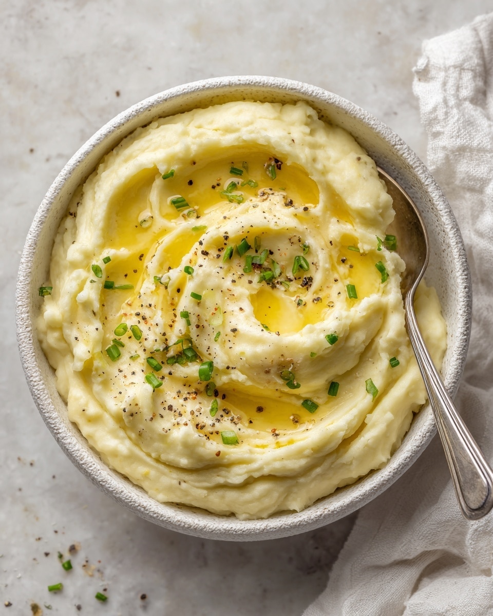 A close-up view of creamy mashed potatoes in a white bowl with a rough texture on the outside, filled to the top with a thick layer of smooth, pale yellow potatoes. The surface is swirled with soft peaks and dips, showing melted butter pools in the center, giving a glossy look. Small chopped green onions are scattered on top along with finely cracked black pepper. A silver spoon rests inside the bowl, partly scooping the mashed potatoes, and the background shows a white marbled surface with a white cloth beside the bowl. Photo taken with an iphone --ar 4:5 --v 7