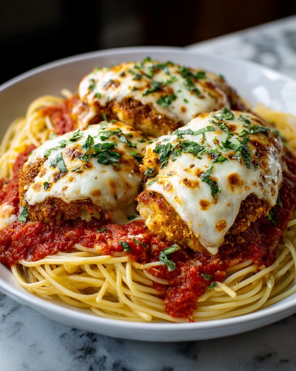 A close-up of a white plate holding a bed of pale yellow spaghetti noodles as the base layer. On top of the noodles, there is a thick layer of bright red tomato sauce with a chunky texture. Above the sauce, two pieces of golden-brown breaded chicken are placed, topped with melted white cheese that softly covers the chicken and sauce. The dish is garnished with finely chopped green herbs scattered lightly over the cheese and sauce. The plate sits on a surface with a white marbled texture. photo taken with an iphone --ar 4:5 --v 7