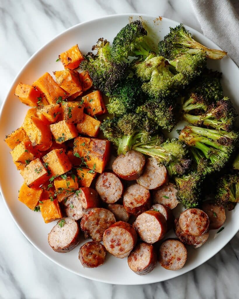 Honey Garlic Sheet Pan Sausage with Sweet Potatoes and Broccoli Recipe