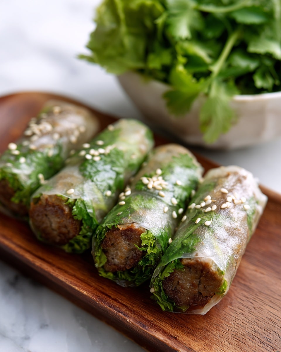 Three translucent spring rolls are lined up on a wooden tray, each showing dark brown cooked meat inside tightly wrapped with bright green leafy herbs. The outer layer is shiny and slightly sticky, sprinkled with small white sesame seeds. Part of a white bowl filled with fresh green leaves is visible behind the spring rolls, all placed on a white marbled surface. photo taken with an iphone --ar 4:5 --v 7