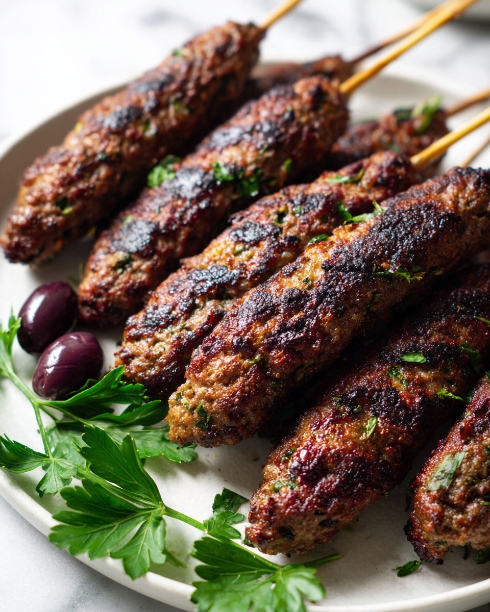 The image shows five grilled kofta skewers placed close to each other on a white plate. Each kofta is browned and charred with a mix of brown and green colors from the meat and herbs, giving a textured and juicy look. The plate also has a sprig of green parsley and a dark purple olive on the side near the bottom left. The background is a white marbled texture with a soft focus. photo taken with an iphone --ar 4:5 --v 7