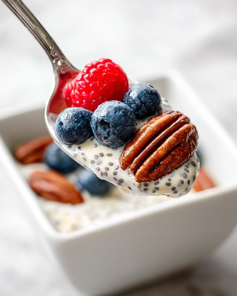 A close-up image of a silver spoon lifted above a square white bowl filled with creamy yogurt mixed with small chia seeds. The spoon holds a mix of fresh blueberries that are dark blue with a shiny texture, a bright red raspberry with a bumpy surface, and a smooth, oval-shaped pecan with deep brown ridges. The background is a white marbled surface, softly blurred to keep the focus on the spoon and its colorful contents. Photo taken with an iphone --ar 4:5 --v 7