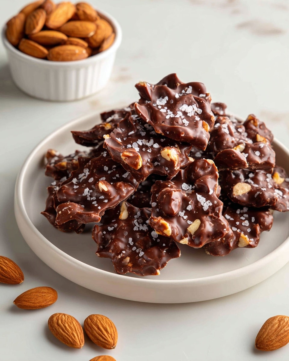 A white round plate holds a pile of dark brown chocolate clusters embedded with small pieces of nuts, giving a rough texture with irregular shapes. The chocolate is shiny and smooth, with a scattering of coarse white salt crystals on top that add a contrasting texture and color. Around the plate on the white marbled surface, there is a small white bowl filled with whole almonds and a few almonds scattered nearby. photo taken with an iphone --ar 4:5 --v 7