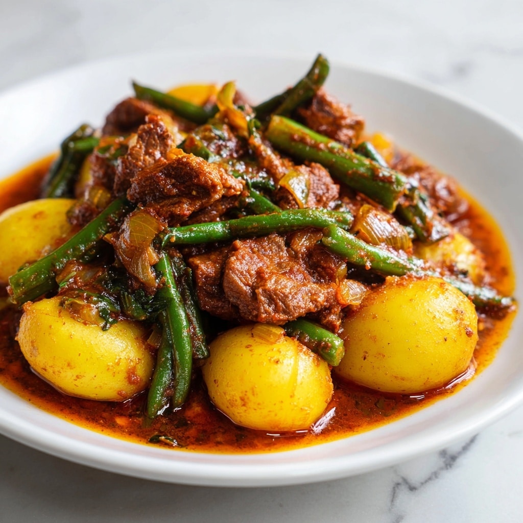 A close-up of a white plate filled with a stew-like dish showing several layers: at the bottom, there are small yellow potatoes with a smooth, slightly shiny texture, mixed with bright green, long green beans spread evenly. On top and mixed throughout are chunks of brown, tender-looking meat in a thick, reddish-brown sauce that coats all ingredients, creating a rich and hearty appearance. The texture looks slightly chunky with bits of onion and sauce visible. The whole dish sits on a white marbled surface. Photo taken with an iphone --ar 4:5 --v 7